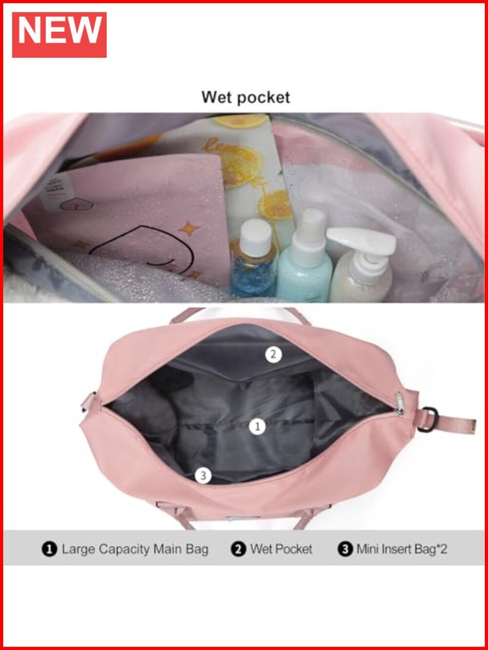Travel Duffel Bag, Carry On Overnight Weekender Bag with Wet Pocket & Trolley - Picture 4 of 6